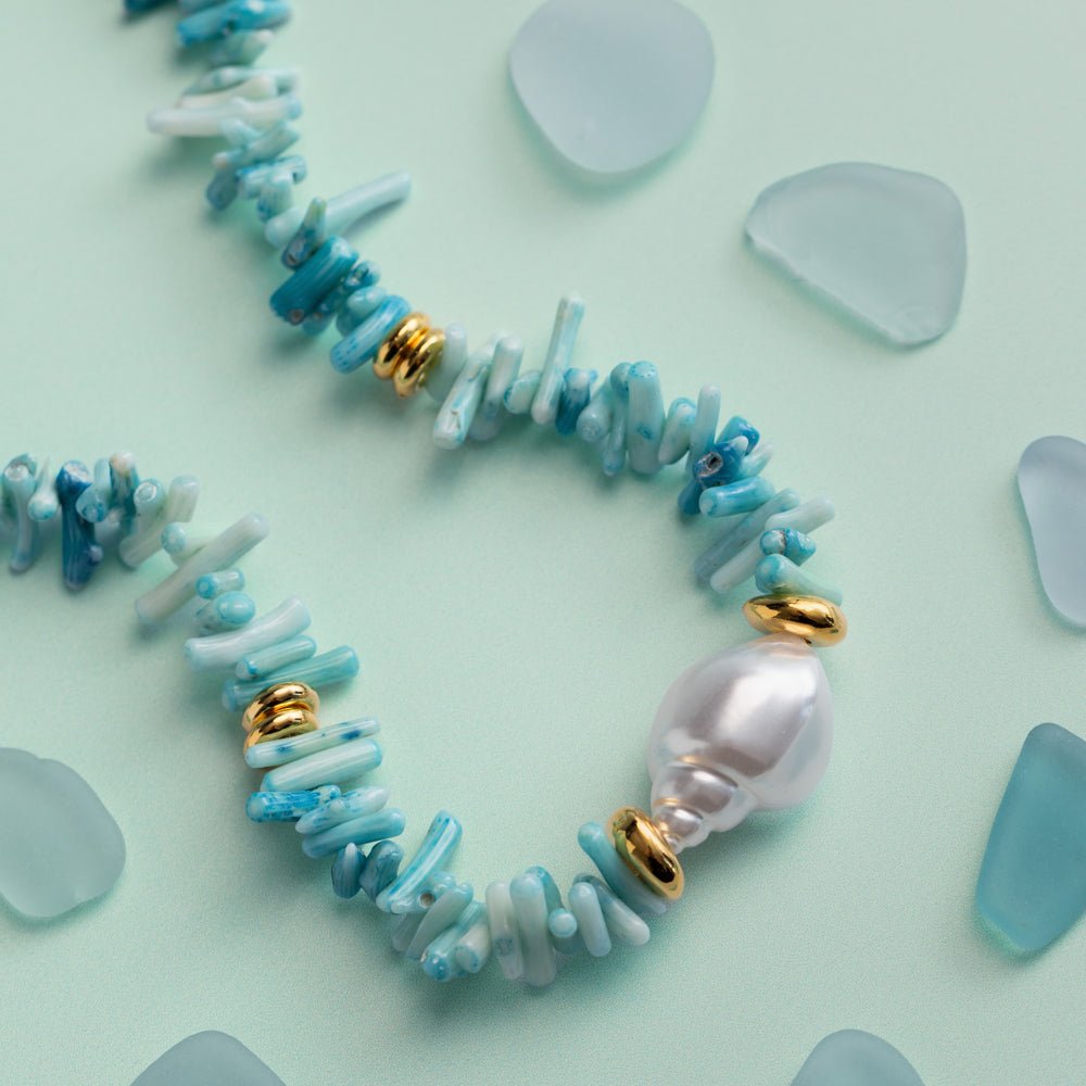 Blue Coral Chip & Pearl Necklace - Image 6